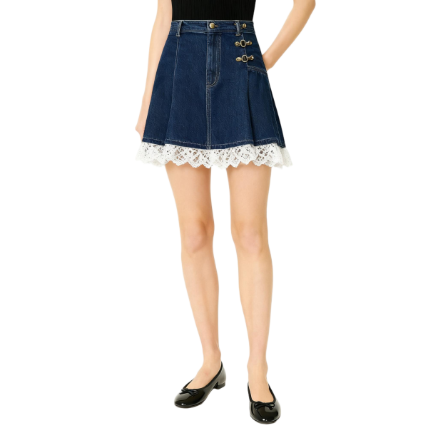 Dark Blue Denim Skirt with Lace Trim & Gold Hardware